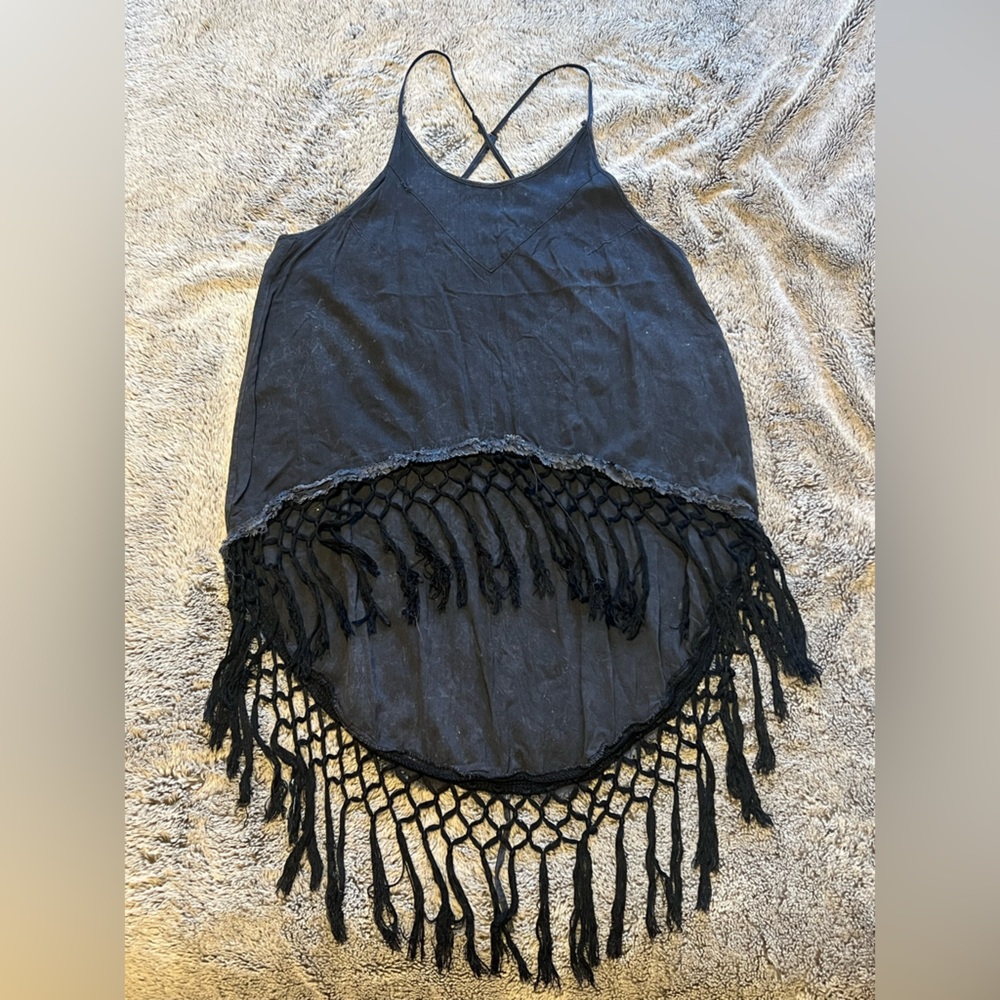 CTCZN of the Sun stone washed dark grey halter top w tassels S Coachella